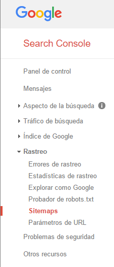 Google Search Console Menu