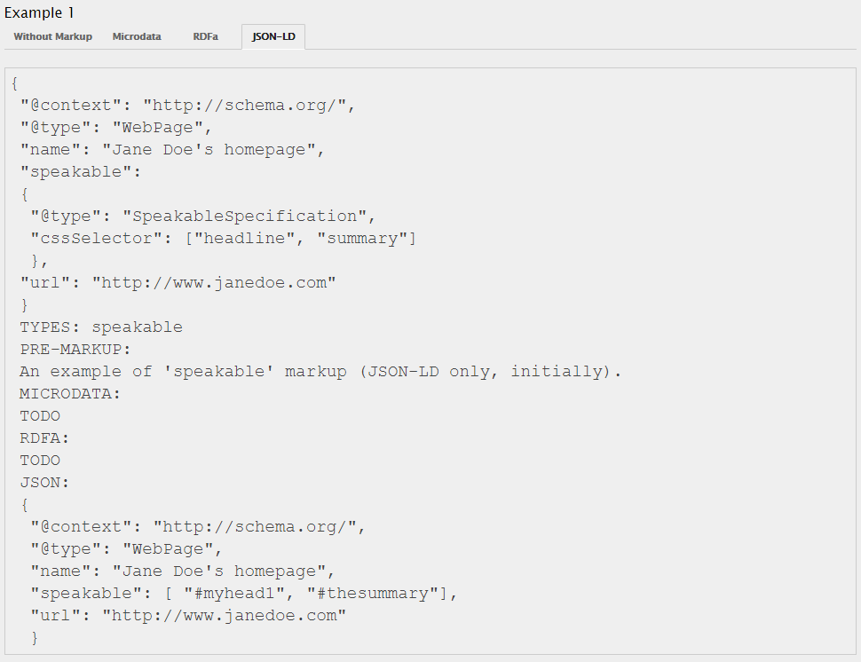 This is how speakable structured data looks like in JSON-LD